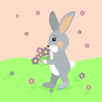 A rabbit with a bouquet of flowers Illustrazione stock