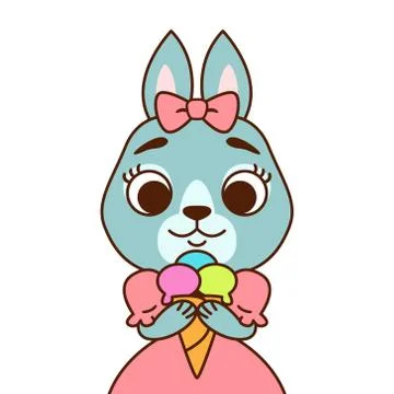 Rabbit with a bow on her head in a pink dress with ice cream. Print for greet Stock Illustration