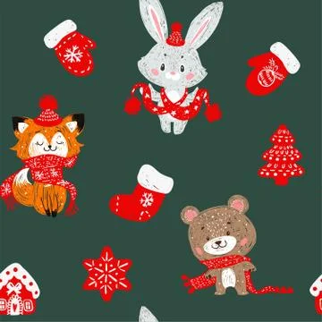 Rabbit bunny, fox and bear in a scarf. Stock Illustration