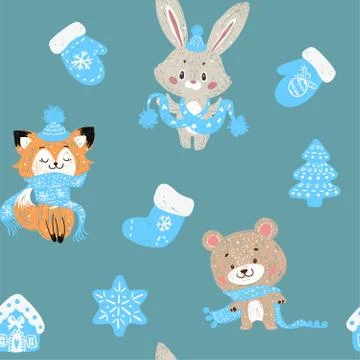 Rabbit bunny, fox and bear in a scarf. Stock Illustration