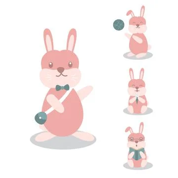 Rabbit Bunny Hare Playing Various Poses Cartoon Character Set Stock Illustration