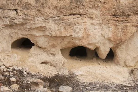 Rabbit burrows in the mountain in Spain Stock Photos