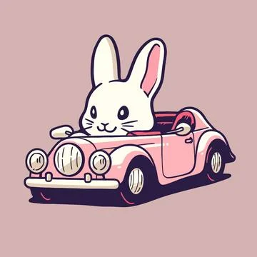A rabbit in a car with a pink background. Stock Illustration