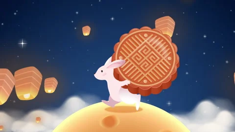 Rabbit carries a mooncake. Lantern fly in the sky. Mid autumn festival concept Vidéo 211273866