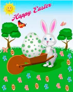 A rabbit on a cart with an Easter egg and greetings of a bright Easte Stock Illustration