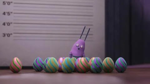 Rabbit character behind Easter egg row on floor with height chart wall.. 库存插图