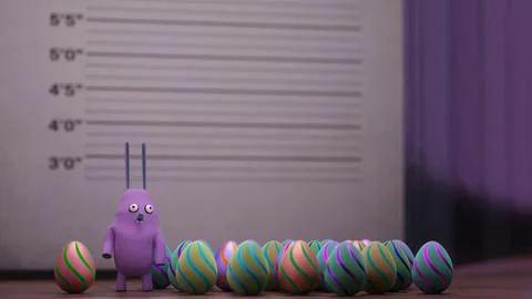 Rabbit character beside Easter egg pile on floor with height chart.. 库存插图