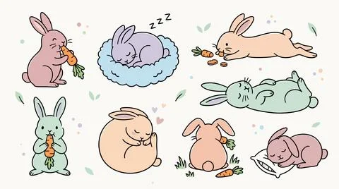 Rabbit character collection set with carrots and sleeping poses for cute gr.. Stock Illustration