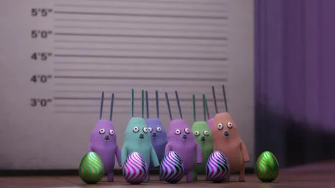 Rabbit character group in lineup with Easter eggs and height chart.. 库存插图