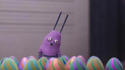 Rabbit character portrait behind Easter eggs with height chart wall and cur.. 库存插图