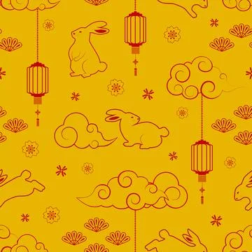 Rabbit character seamless pattern with asian elements for decorative chines.. Stock Illustration