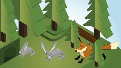 Rabbit Chased by Fox in a Pine Forest Isometric Style - Vector Illustration. Stock Illustration