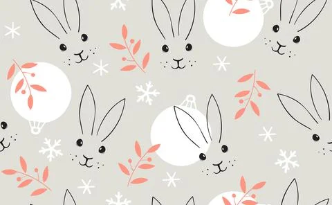 Rabbit Christmas balls seamless pattern. Bunny face. New Year vector Stock Illustration