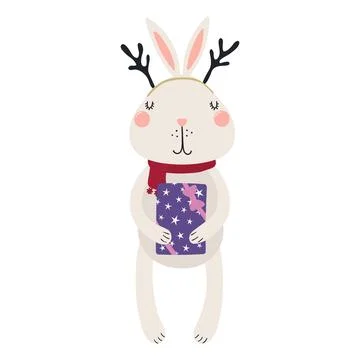 Rabbit with a Christmas gift isolated Stock Illustration
