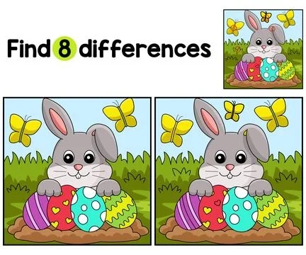 Rabbit Collecting Easter Egg Find The Differences Stock Illustration
