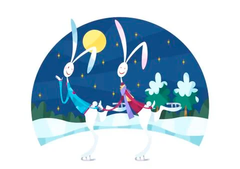 Rabbit couple, ice skating Stock Illustration