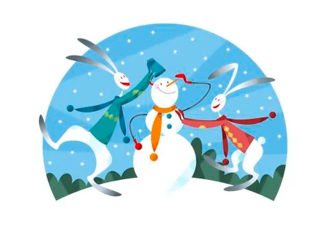 Rabbit couple making a snowman Ilustração Stock