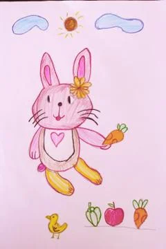 Rabbit with crayon drawings. Stock Illustration