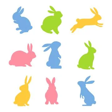 Rabbit in different positions clipart set. Easter bunny colorful silhouette.. Stock Illustration