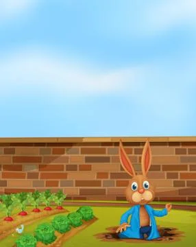 A rabbit digging a hole next to farm Stock Illustration
