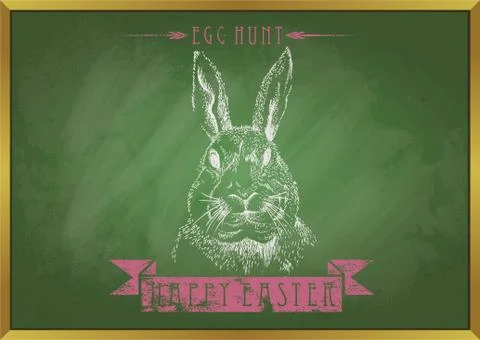 Rabbit with doodle chalk happy easter on blackboard Stock Illustration