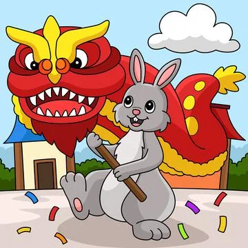 Rabbit Dragon Dancing Colored Cartoon Stock Illustration