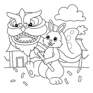Rabbit Dragon Dancing Coloring Page for Kids Stock Illustration