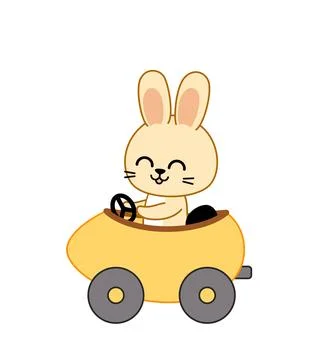 Rabbit is driving car in form of egg. Easter bunny in yellow car. Cartoon Stock Illustration