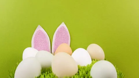 Rabbit ears and multicolored eggs of natural color on green real grass on a b Stock Photos