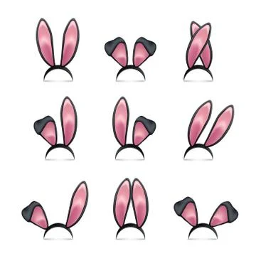 Rabbit ears realistic 3d vector illustrations set. Black Easter bunny ears kid Stock Illustration