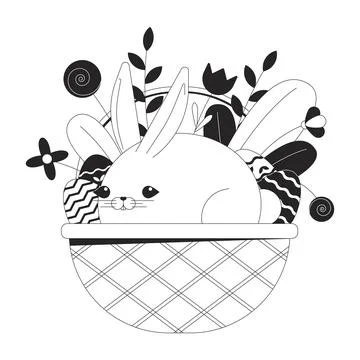 Rabbit Easter basket black and white 2D illustration concept Illustrazione stock