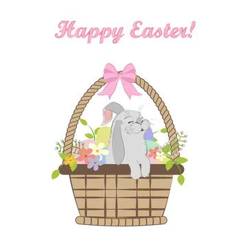 Rabbit in easter basket with eggs vector illustration Illustrazione stock