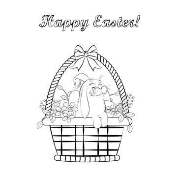Rabbit in easter basket with eggs vector illustration outline Stock Illustration