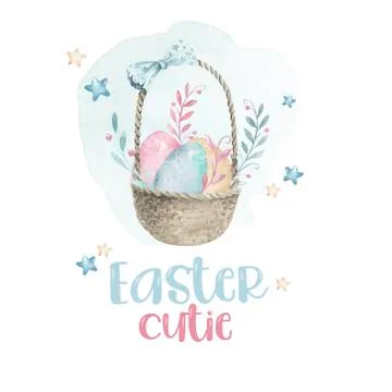 Rabbit with Easter basket isolated on a white background. Color Easter eggs wi Stock Illustration