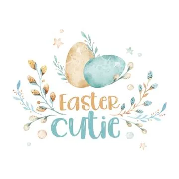 Rabbit with Easter basket isolated on a white background. Color Easter eggs wi Stock Illustration