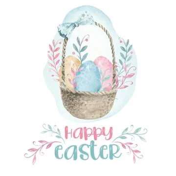 Rabbit with Easter basket isolated on a white background. Color Easter eggs wi Stock Illustration