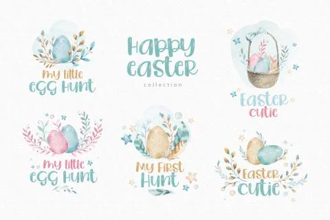 Rabbit with Easter basket isolated on a white background. Color Easter eggs wi Stock Illustration