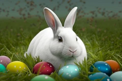 Rabbit with Easter eggs on grass Stock Photos