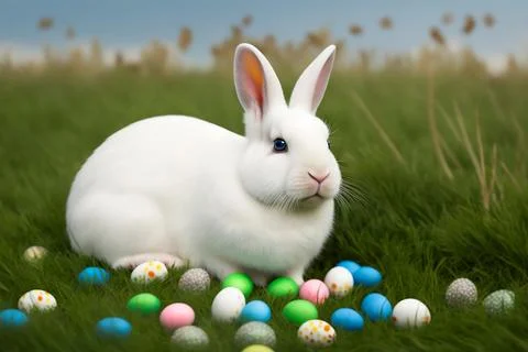 Rabbit with Easter eggs on grass Stock Photos