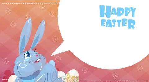 Rabbit Easter Holiday Bunny Decorated Eggs Greeting Card Stock Illustration
