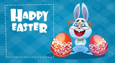 Rabbit Easter Holiday Bunny Hold Decorated Eggs Greeting Card Stock Illustration