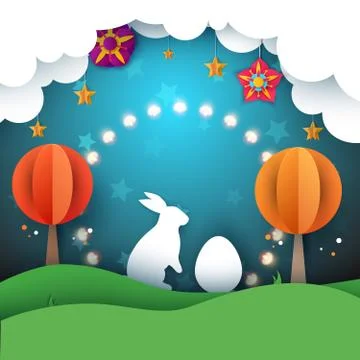 Rabbit, easter illustration. Cartoon paper landscape. Stock Illustration