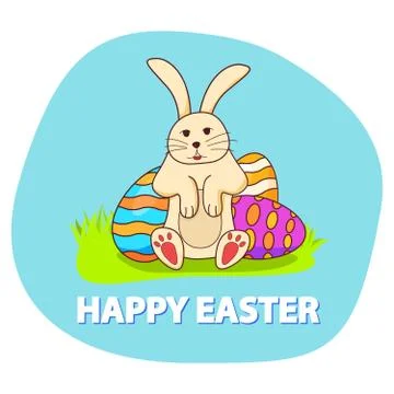 Rabbit easter painted eggs.Hare cartoon character.Festive holiday banner flat Stock Illustration