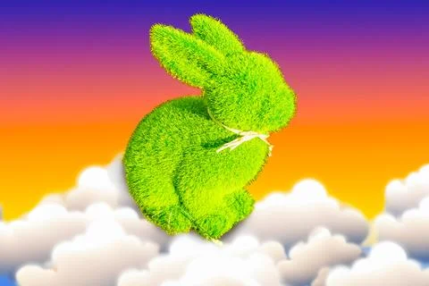 Rabbit easter sitting on clouds against the background of the sun and blue sky Stock Photos