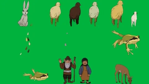Rabbit eating carrot green background three sheeps standing row screen. Stock Footage 310563377