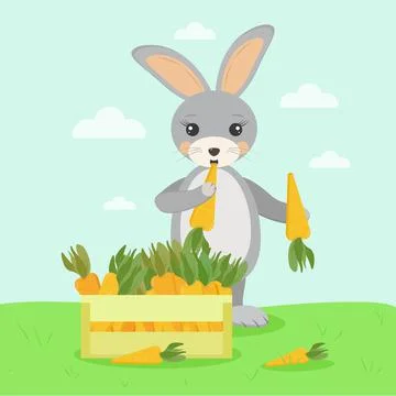 Rabbit eats delicious juicy ripe carrot harvest Illustrazione stock