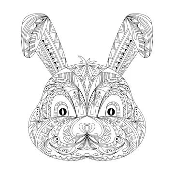 Rabbit face doodle. stylized bunny, ornament. coloring book page for adult... Stock Illustration
