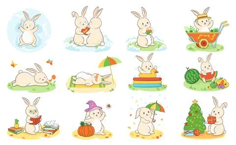 Rabbit flat cartoon animal easter or xmas set bunny cute character hare pet Stock Illustration