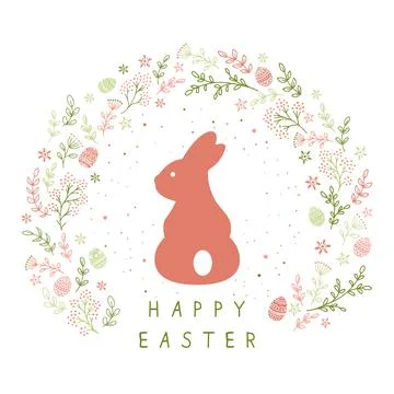 Rabbit with Floral Elements and Easter Eggs on White Background Stockillustratie