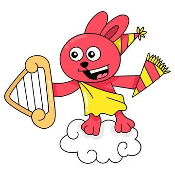The rabbit is flying above the clouds playing the harp, doodle icon image ... Fotos Stock